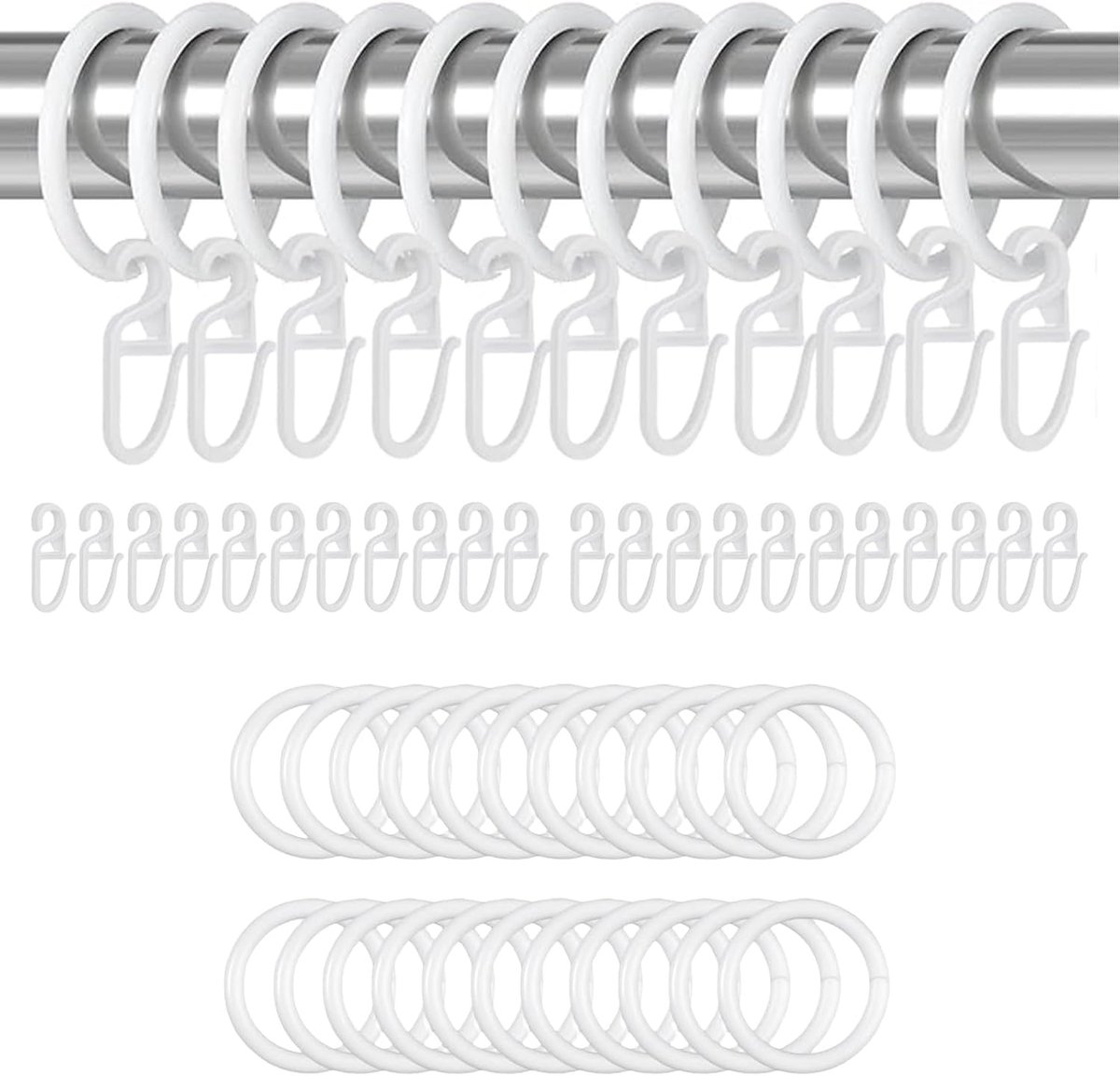 SnelShoppen - 200 Stuks Witte Gordijnringen Set van 100 Gordijnringen en 100 Plastic Gordijnhaken, 30mm Binnen Diameter Gordijnring voor Deur, Doucheg
