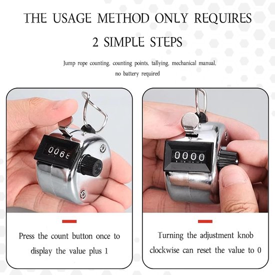 SnelShoppen - Hand Counter 2 Stuks - 4 Digit Clicker - Metalen Telapparaat voor Golf, Breien, Coaching, Fitness, Training, School, Sport van Snelshoppen — afbeelding 3