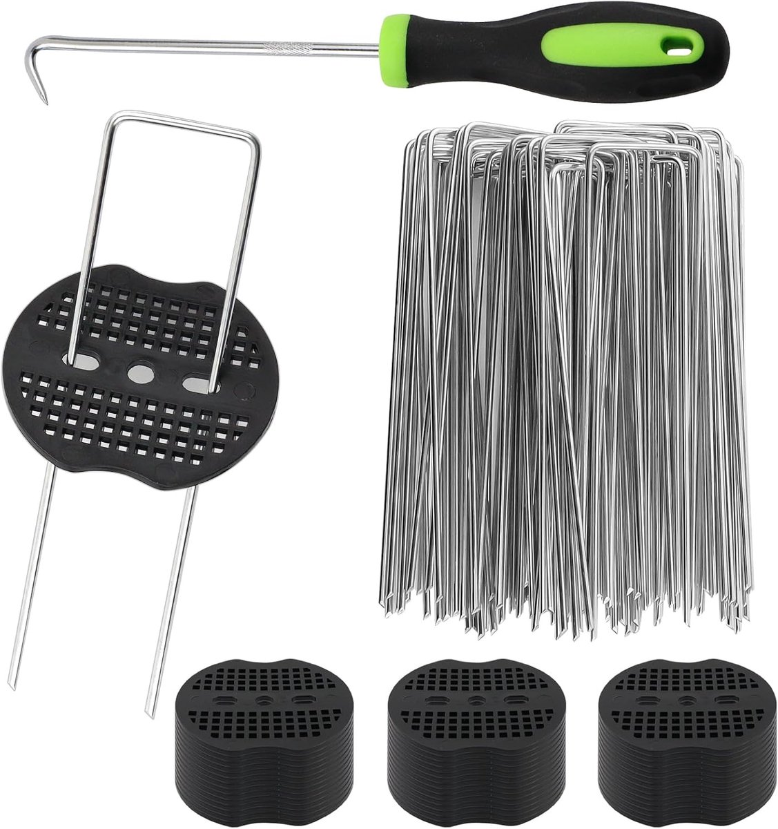 SnelShoppen - Ground Anchor Root Cloth Set van 60 Tuin Grondhaken met 40 Wasjes en Haak Tool - U-Vormige Haken voor Bevestigen van Tuinvlies