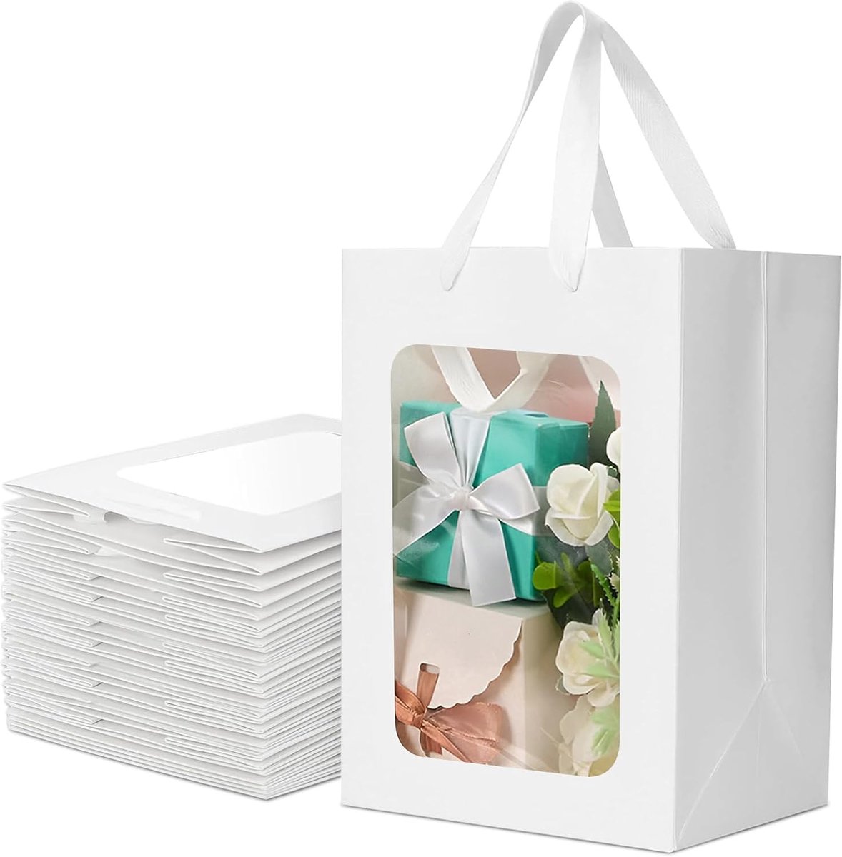 SnelShoppen - Set van 12 Witte Cadeauzakjes met Doorzichtige Venster, Kraft Papieren Tassen met Handvatten, Herbruikbaar voor Feesten, Verjaardagen, 1