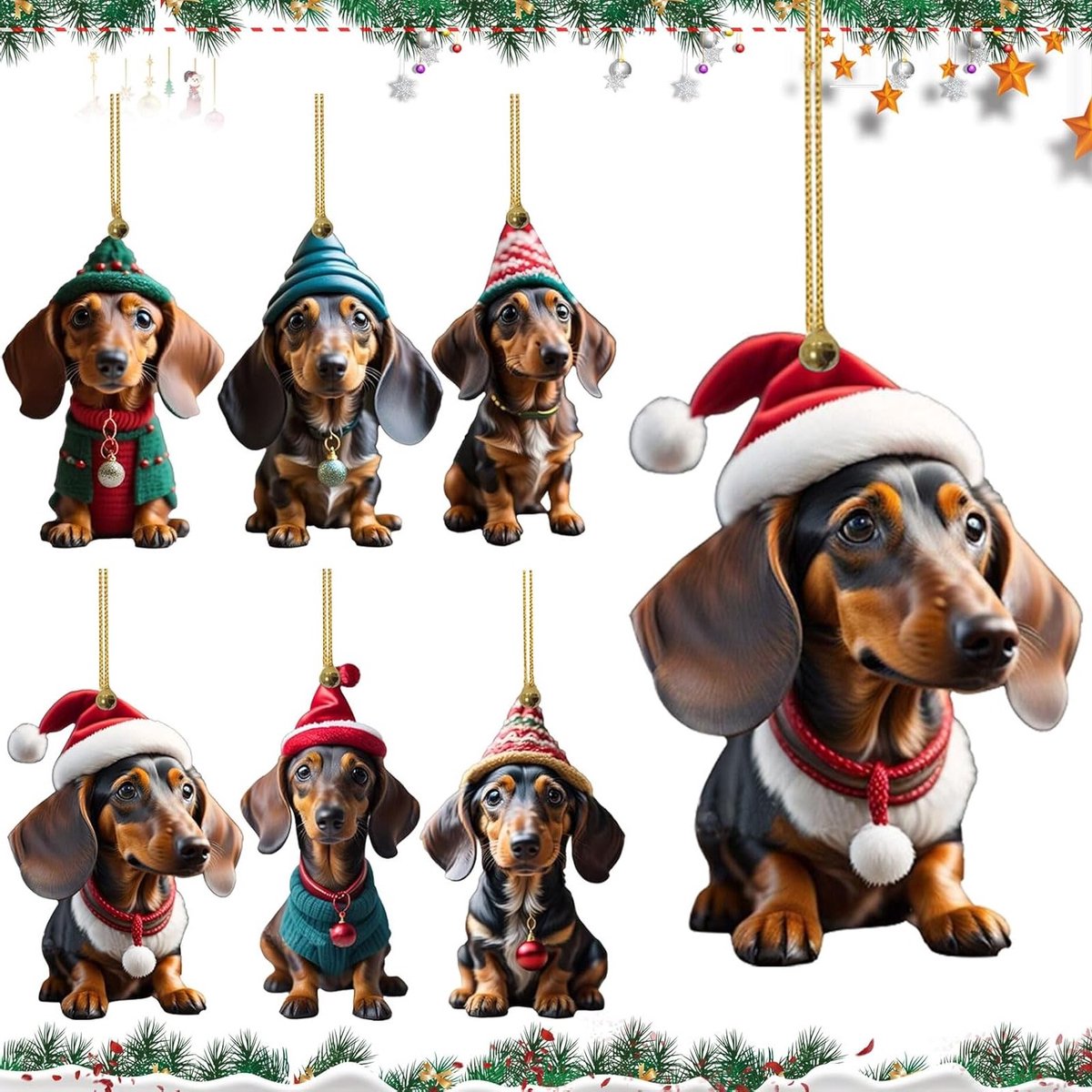 Kerstboomdecoraties met Teckel-thema, 6 stuks, Acryl Hanger, 2D Teckel Versiering, Perfect voor Kerstmis en Cadeaus