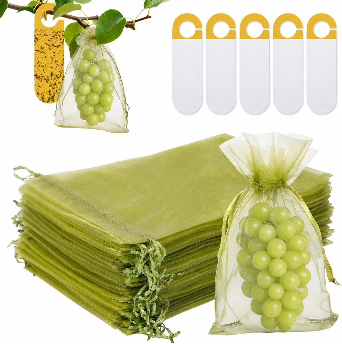 SnelShoppen - 60 stuks Fruitbeschermzakken 15x20 cm met 5 Gele Lijmvallen, Ademend Tule Zakje met Trekkoord voor Bescherming Tegen Wespen, Vogels, Ker