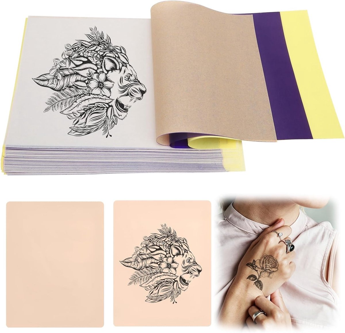 50 vellen tattoo-transferpapier A4 voor nauwkeurige overdrachten, inclusief oefenhuid voor beginners en professionals, ideaal voor tattoo-ontwerpen en stencilcreatie