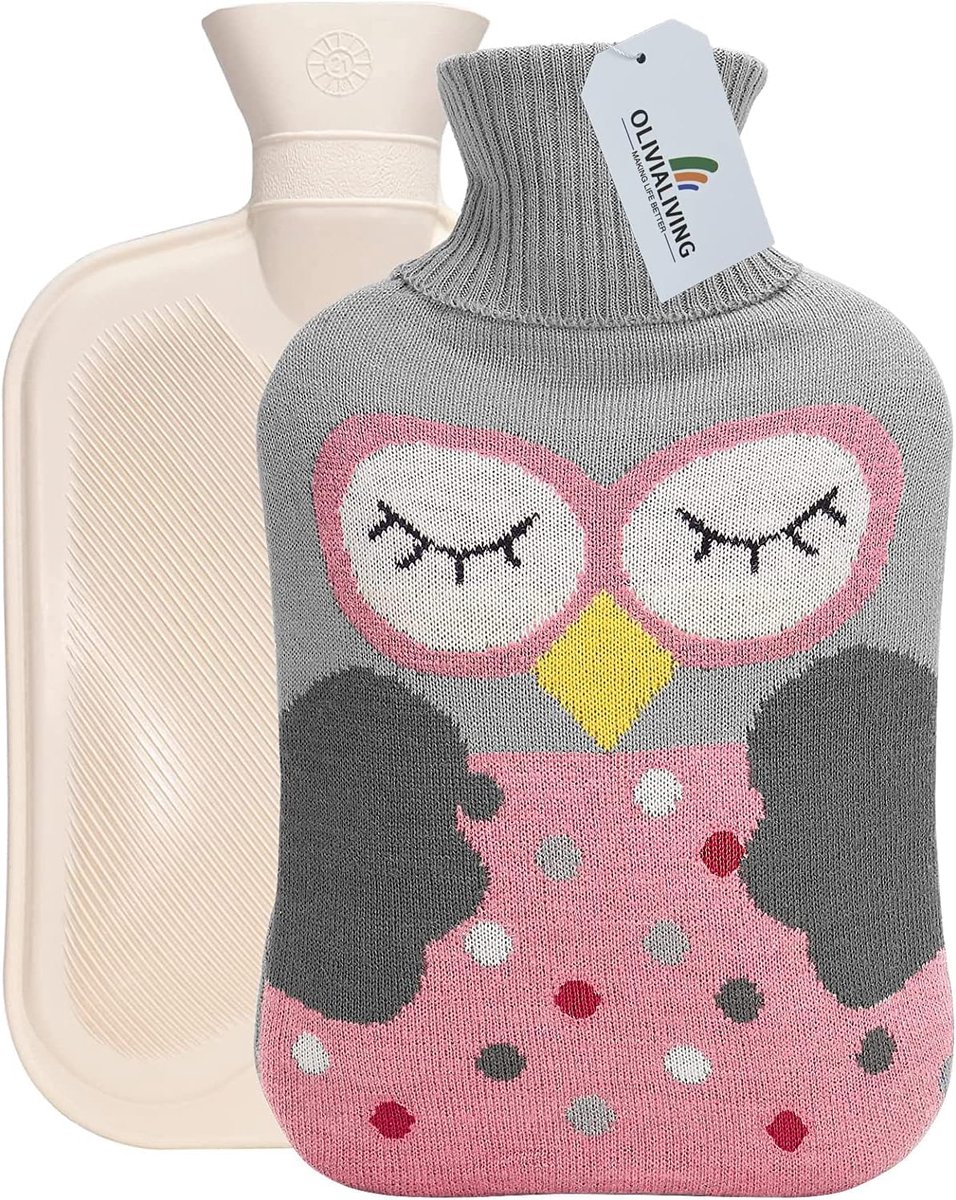 SnelShoppen - Hot Water Bag 2 Liter Warmte Fles met Gebreide Cover, Multifunctioneel Warm-Koud Pakket voor Pijnverlichting, Cartoon Uil (Roze)