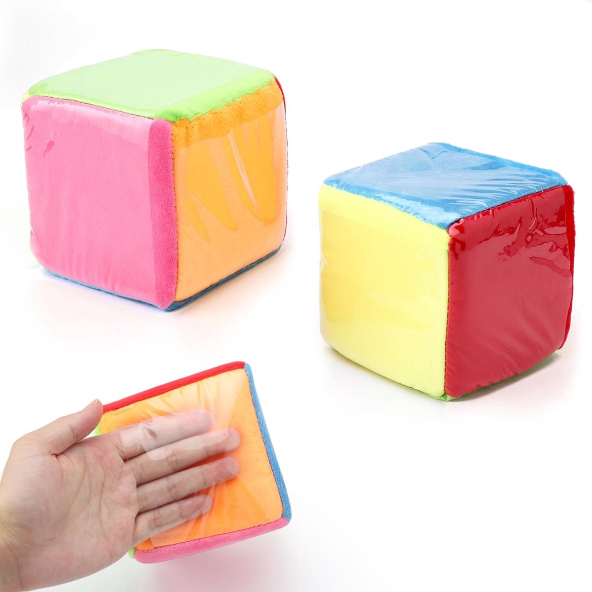 SnelShoppen - 2 Stuks Leerdobbelstenen voor Kinderen - Pluche Dobbelstenen 10 cm - Doorzichtige Vakken - Grote Schuimkubus - Kleurrijk en Blanco voor