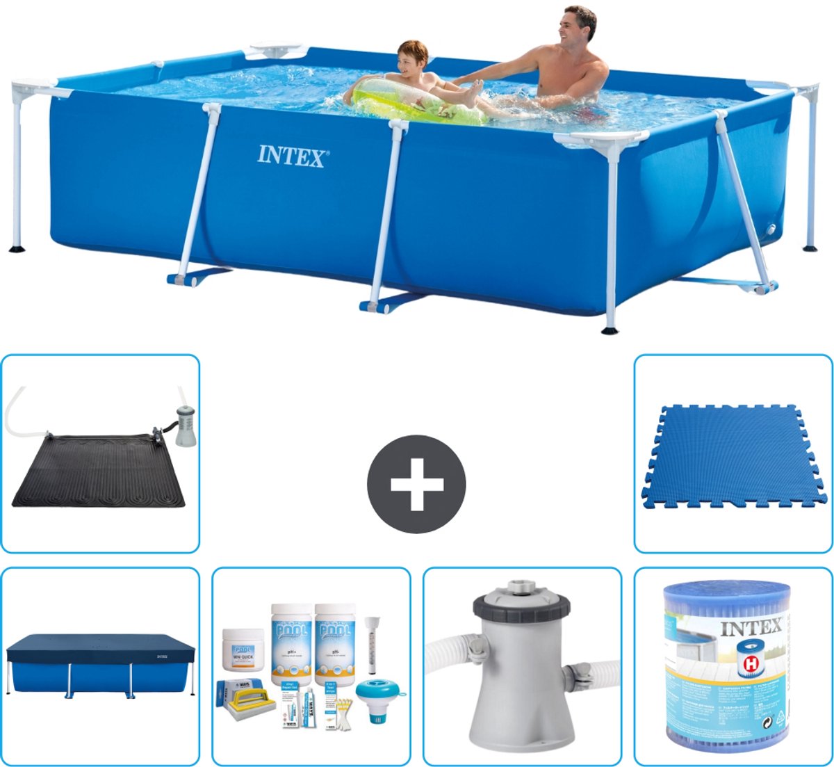 Intex Rechthoekig Frame Zwembad - 260 x 160 x 65 cm - Blauw - Inclusief Afdekzeil - Onderhoudspakket - Zwembadfilterpomp - Filter - Solar Mat - Vloertegels - 7-delig