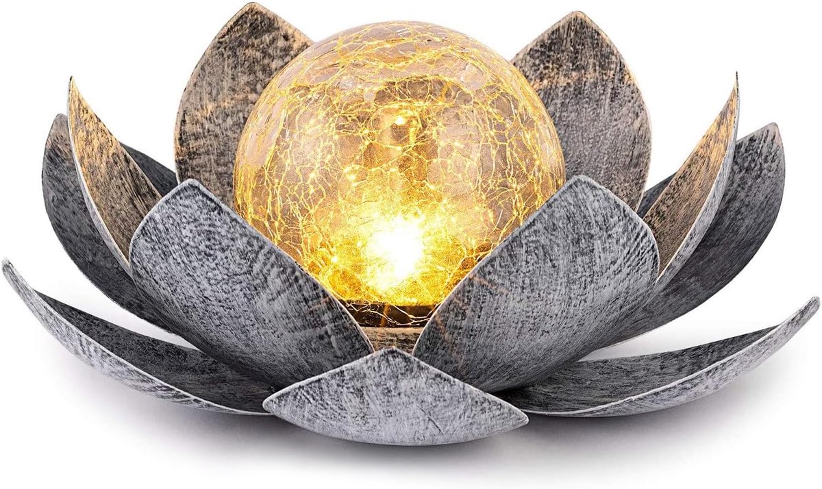 SnelShoppen - Zonne-energie Tuinverlichting Lotus - Decoratieve Zonne-energie Lotusbloem met Gebarsten Glazen Bol - LED Zonne-energie Lantaarn van Met