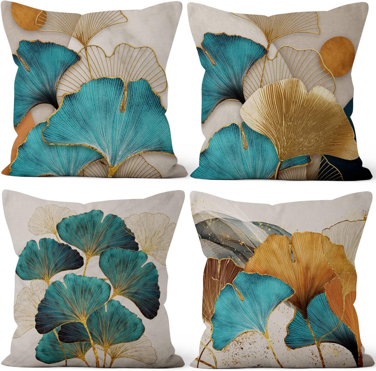 SnelShoppen - Set van 4 Ginkgo Kussenhoezen Turquoise Bladeren Velvet 45x45 cm voor Sofa, Slaapkamer, Woonkamer, Auto - Luxe en Comfortabel