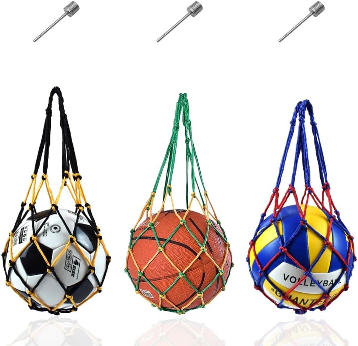 SnelShoppen - 3-Piece Ball Net Pockets - Portable Voetbal, Basketbal, Volleybal Net met 3 Ball Needles - Blauw/Rood, Geel/Groen, Zwart/Geel - 55cm x 5