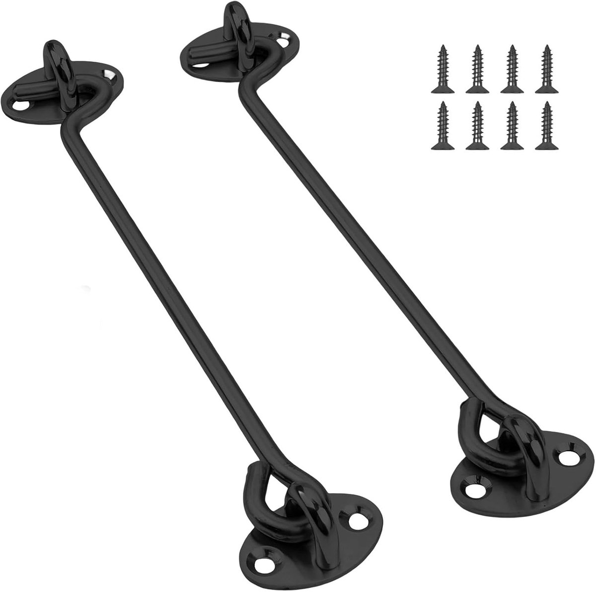 SnelShoppen - Pack van 2 stormhaken met oogjes, 10 inch deursluiting zwart, stormhaken voor garage deuren, schuurhekken, tuin deur sloten, raamluiken,