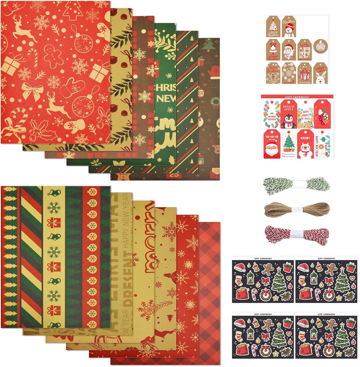 SnelShoppen - Kerst Cadeau Inpakpapier Set, 12 Vellen Kraft Papier, 70 x 50 cm, Inclusief Cadeau Hangers, Stickers en Touw, Perfect voor Feestdagen