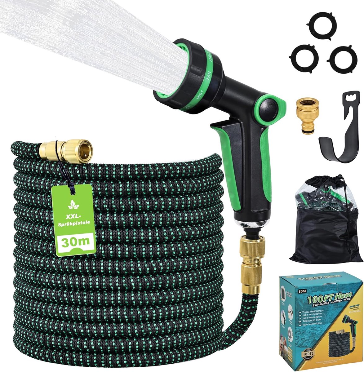 SnelShoppen - Uitbreidbare Tuinslang 30m/100ft, Automatisch Intrekbare Flexibele Waterslang met XXL Spuitpistool en 10 Patronen, Kink-vrij TPE 2500D,