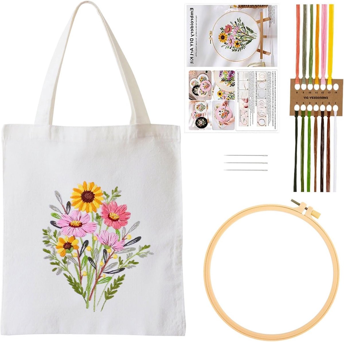 Handgemaakte Canvas Tas met Bloemmotief - Borduurset met Borduurring en Handleiding voor Kruissteek Borduren