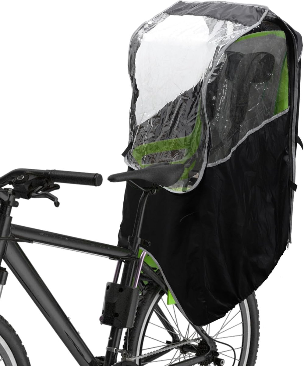 SnelShoppen - Regenhoes voor Kinderzitje Fiets - Zwart Transparant - PVC, Ademend, Winddicht, Rolbare Voorruit, Verstelbare Trekkoord, Universeel - 1