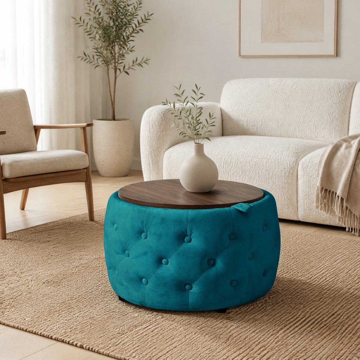 COVREO Opbergpoef 59,6x59,6x38 cm – blauw, rond 2-delig, met houten dienblad