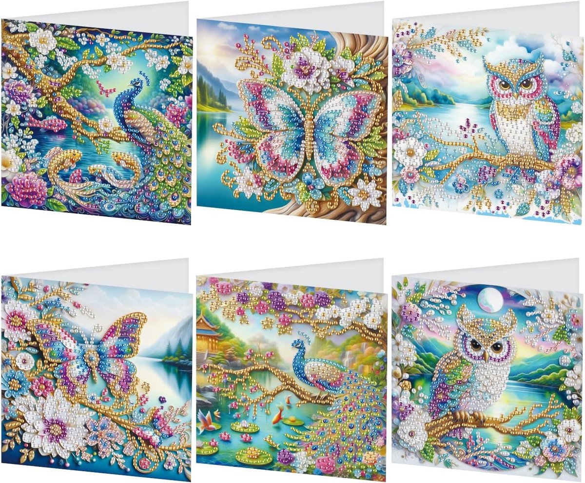 SnelShoppen - Diamond Painting Wenskaarten met Envelop Dierenthema 6 Stuks DIY Crystal Art Set Gelukkige Kaarten Verjaardag Bedankjes Condoleance