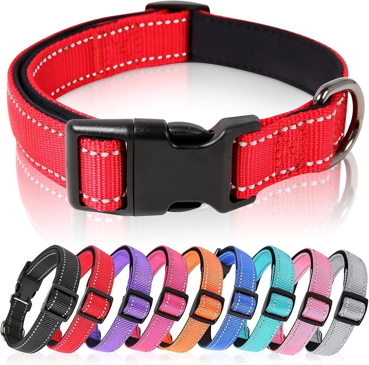SnelShoppen - Reflecterende Hond Halsband - Verstelbare Padded Neopreen Nylon Hond Halsband voor Kleine, Medium en Grote Honden - Rood - XS