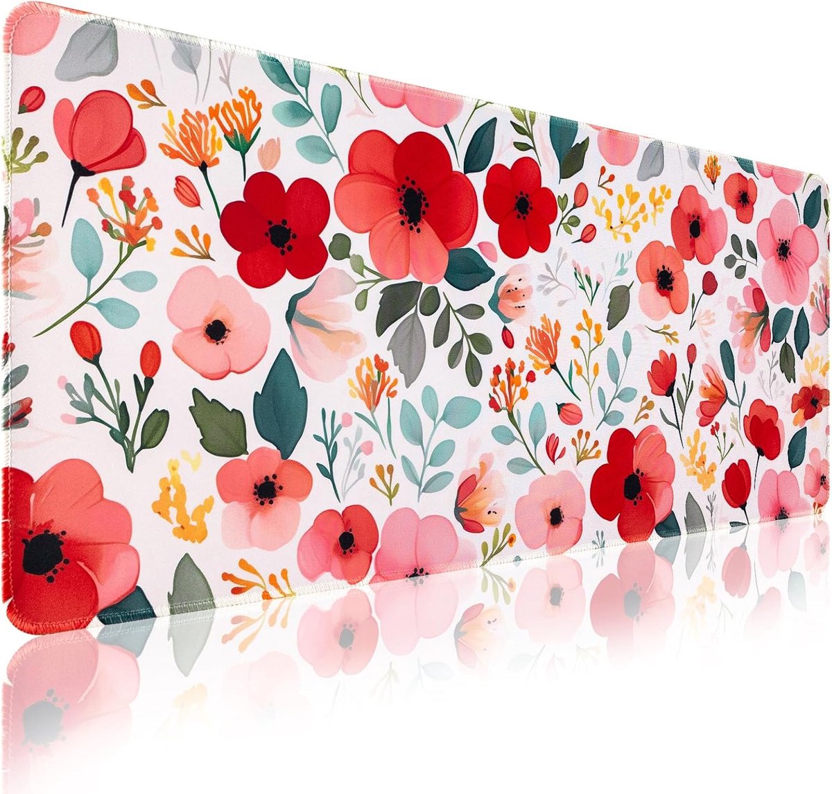 SnelShoppen - XXL Gaming Mouse Pad 900 x 400mm - Non-Slip Rubber Ondergrond - Randen met Stiksel - Geschikt voor Desk Accessoires - Rode Bloemen Desig