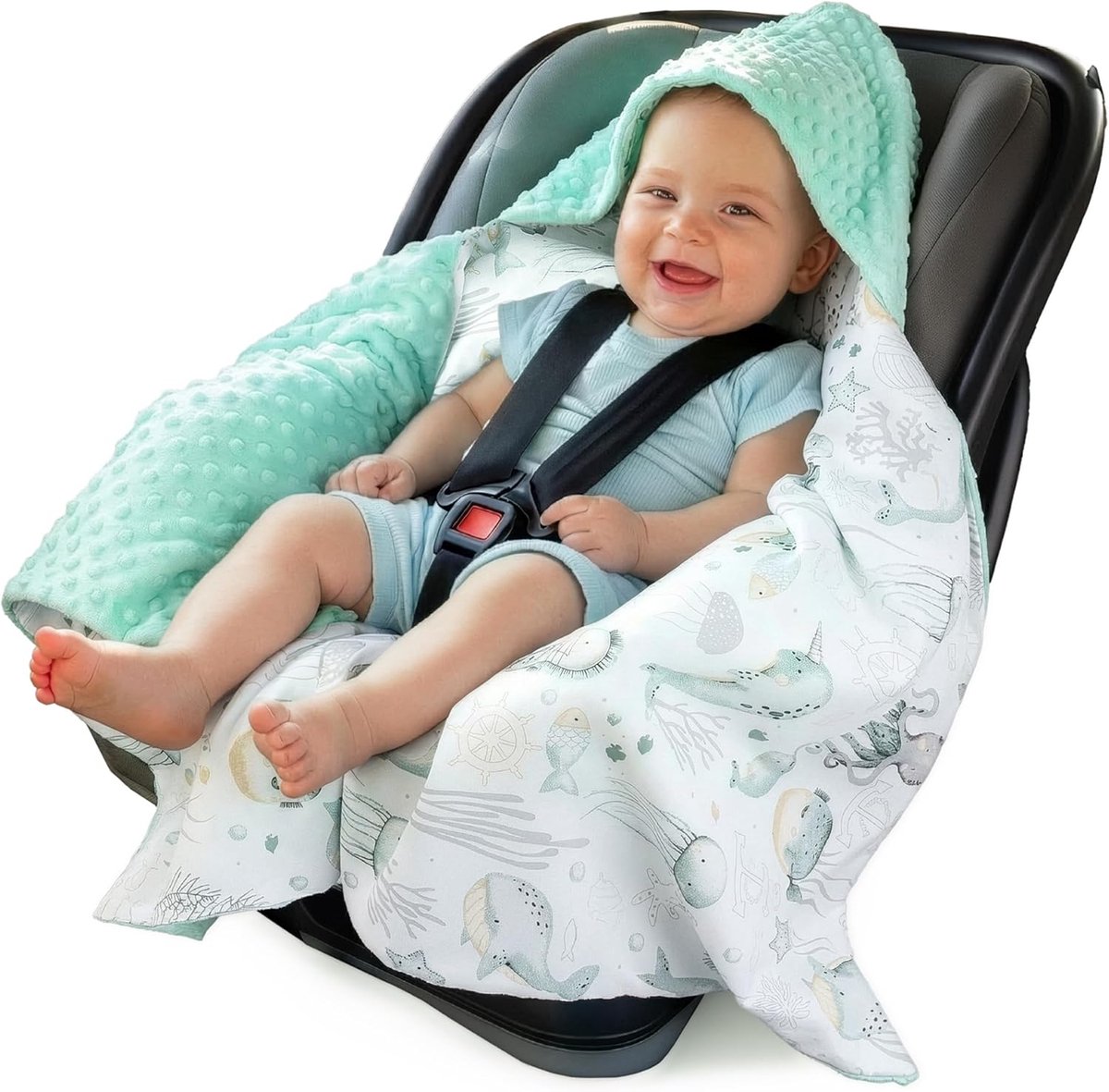 SnelShoppen - Swaddle Blanket 100% Katoen 85 x 85 cm met Kap - Cuddly Babydeken voor Kinderwagen, Autostoel, Universele Dubbelzijdige Dekens - Ideaal