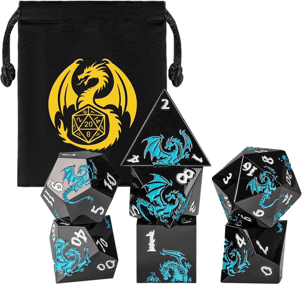 SnelShoppen - 7-Piece Metal Polyhedral DND Dice Set - Flat Blue Dragon Pattern - D20, D12, 2 D10, D8, D6, D4 - Retro Stijl - Geschikt voor Rollenspell