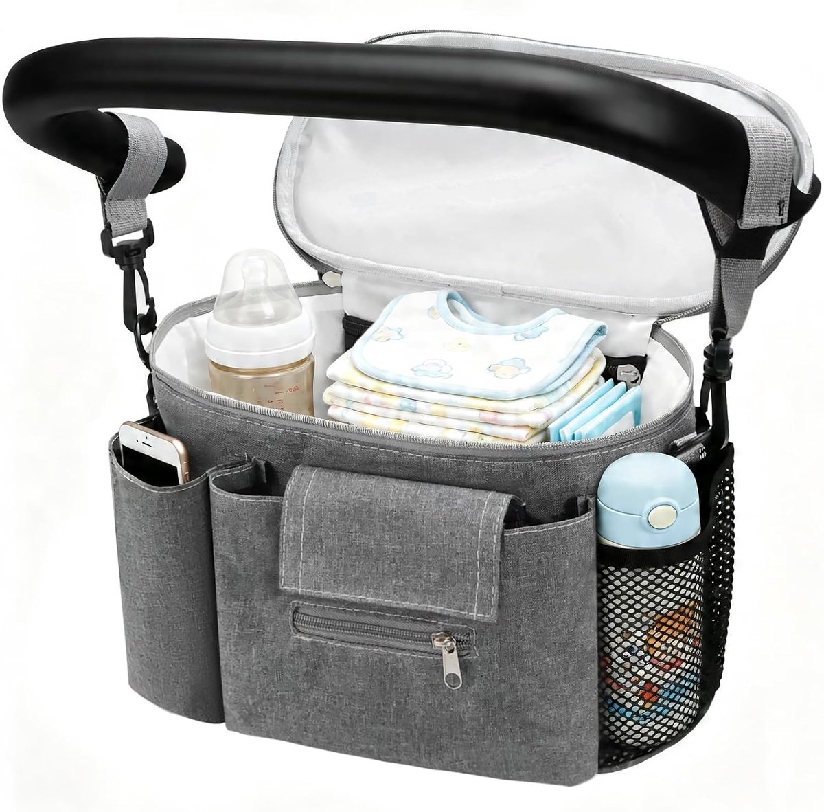 SnelShoppen - Kinderwagen-organizer, universele buggytas, verstelbare kinderwagentas met drinkflessentas, telefoontas en waterafstotend 600D Oxford-we
