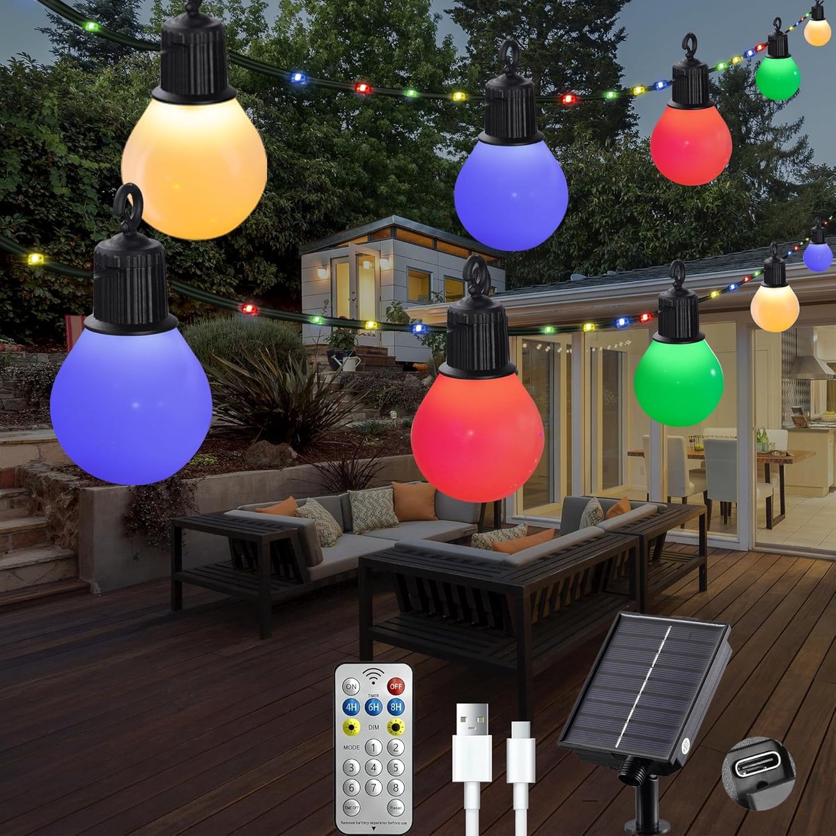 SnelShoppen - Solar String Lights Buiten met 20 Schokbestendige G40 Lampen - 10m 100 LED Zonne kerstverlichting met Afstandsbediening, USB Poort, 8 Mo