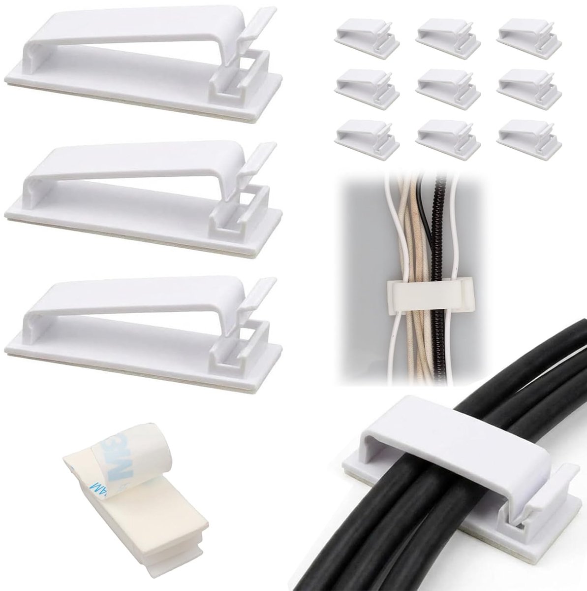 SnelShoppen - Cable Holder Set 60 Stuks, 40 Grote en 20 Kleine Kabelclips voor Kabelbeheer, Zelfklevende Kabelhouders met 3M Lijm, Wit, Voor Thuis en