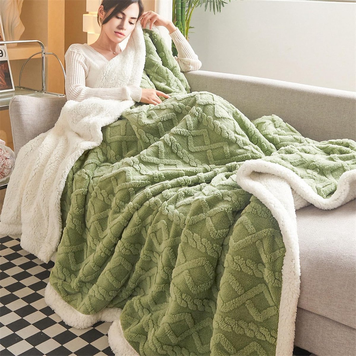 SnelShoppen - Sherpa Cuddly Blanket 200x230 cm, Dubbelzijdige Fluffy Fleece Deken in Ivory, Zachte Warme Sofa Deken voor Woonkamer en Slaapkamer, Perf