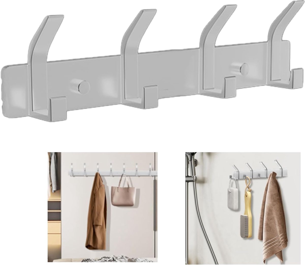 Thijox - Grijze Kapstokhaak met 4 Dubbele Haken, Gepoedercoat Staal, Perfect voor Slaapkamer, Badkamer, Keuken, Kledingrek, 29cm x 3cm x 3.5cm