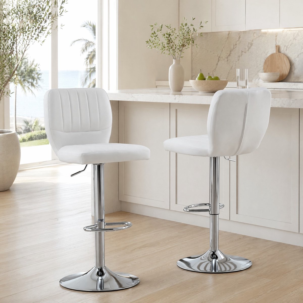 MODENUIT Barkruk 52 x 45 cm - Hoogteverstelbaar en 360° Draaibaar - Keuken en Bar - Kunstleer Wit