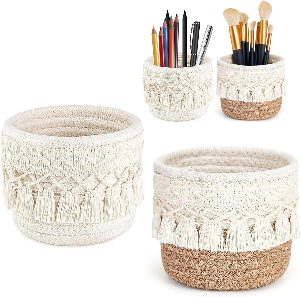 Macramé Pennenhouder Set van 2 Stuks, Bureau Organizer met Kwastjes, 12 cm x 10 cm, Beige en Jute, Perfect voor Kantoor en Thuisgebruik