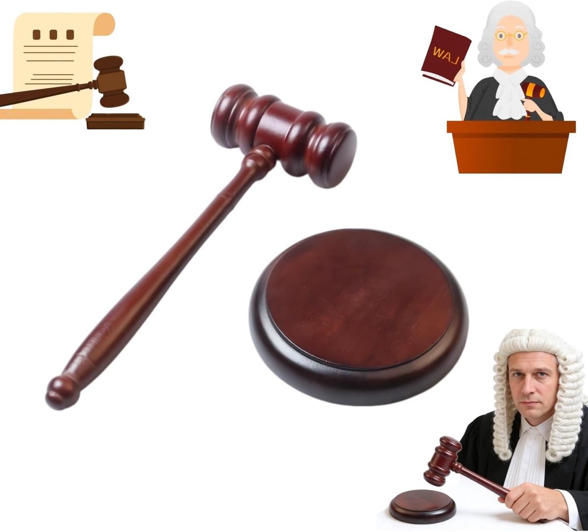 Houten Veilinghamer met Resonantieblok en Instelhamer voor Veilingen en Juridische Verkopen - Bruin, 30 x 20 x 2 cm