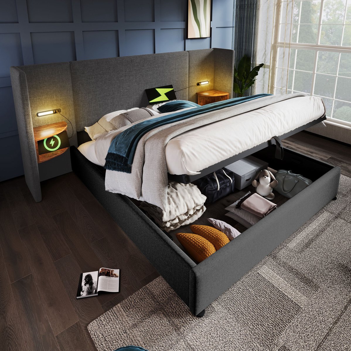 COVREO Tweepersoons bed 160x200 cm - met opbergruimte, leeslamp, USB en Type-C, grijs