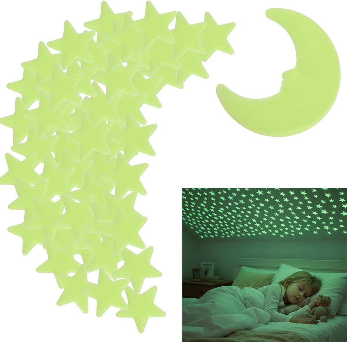 SnelShoppen - 300 Glow-in-the-Dark Sterren en 2 Maan Wandstickers voor Kinderen - Veilig, Verwijderbaar en Herbruikbaar - Ideaal voor Baby- en Kinderk
