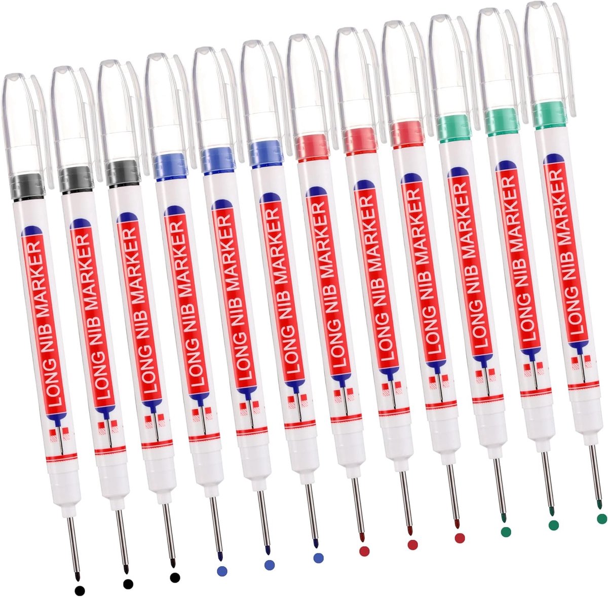 SnelShoppen - 12 Stuks Diepe Gaten Marker Pens met Lange Punt, 30mm Permanent Markers voor Houtbewerking, Kleurset Rood Blauw Groen voor Moeilijk Bere