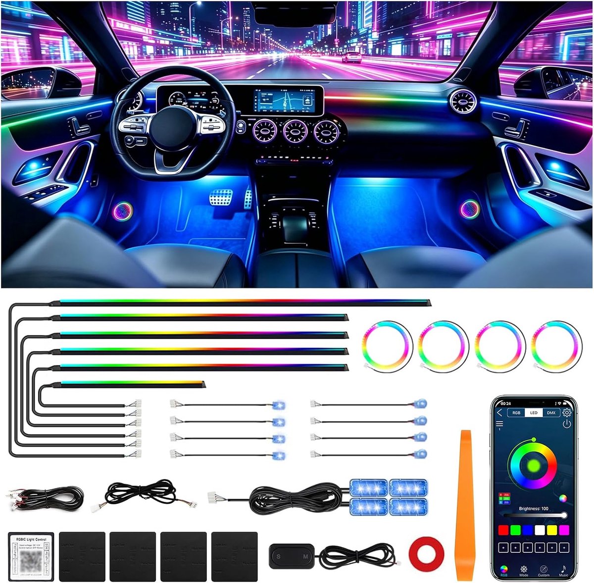 SnelShoppen - RGB Led-Lichtstrip voor Auto Interieur, 22-in-1 Neon Sfeerverlichting met App Bediening, Muzieksynchronisatie, 6x Ledstrips en Diverse A