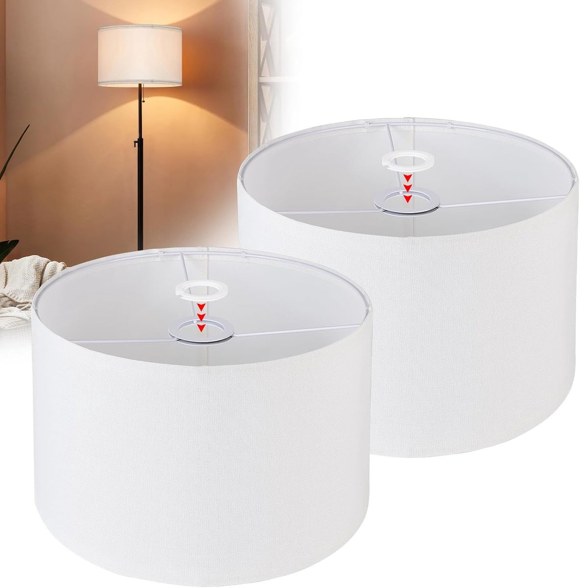 SnelShoppen - 2x Lampenkap Ø30cm H20cm voor E14/E27 Fittingen - Witte Drum Lampshade van Linnen - Geschikt voor Vloerlamp, Plafondlamp, Hanglamp, Wand