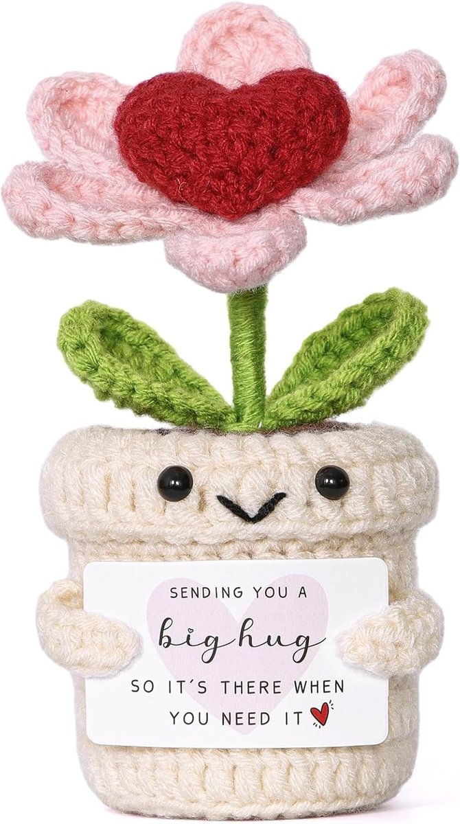 SnelShoppen - Handgemaakt Gehaakt Hartvormig Bloemetje met Bemoedigend Kaartje - Roze, Zacht Katoen en Wol, Perfect Cadeau voor Mama, Vrouwen, Mannen,