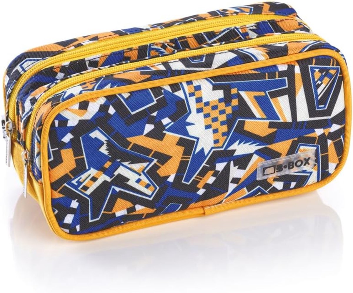 SnelShoppen - Grote Etui voor School met 2 Compartimenten, Geometrisch Print in Blauw en Geel, 22 x 10 x 10 cm, Met 2 Ritsen voor Kantoor en Cosmetica