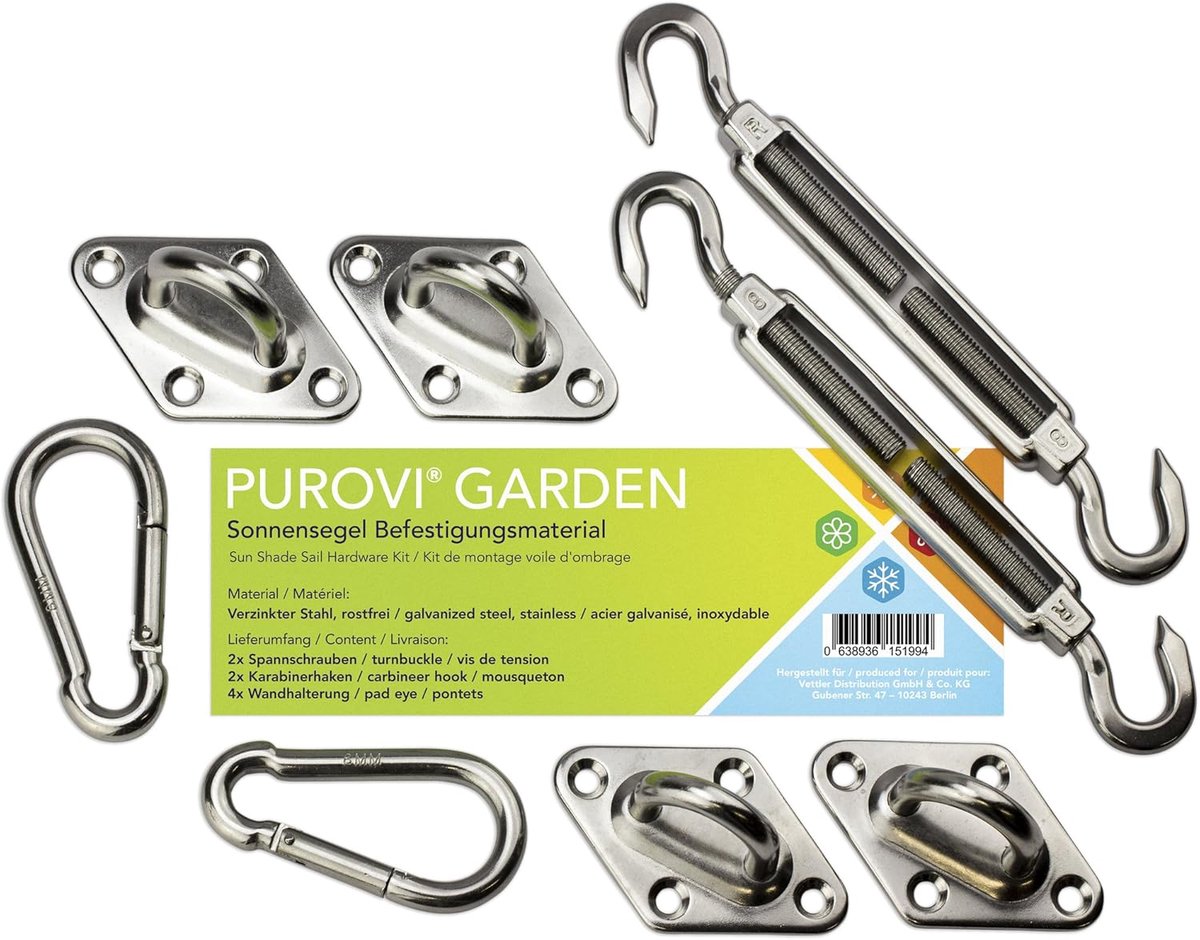 SnelShoppen - RVS Terras Bevestigingsset voor Luifel - 4 Diamant Wandbeugels, 2 Spanners met Haken, 2 Karabiners - Voor Tuin, Camping en Feest - Duurz