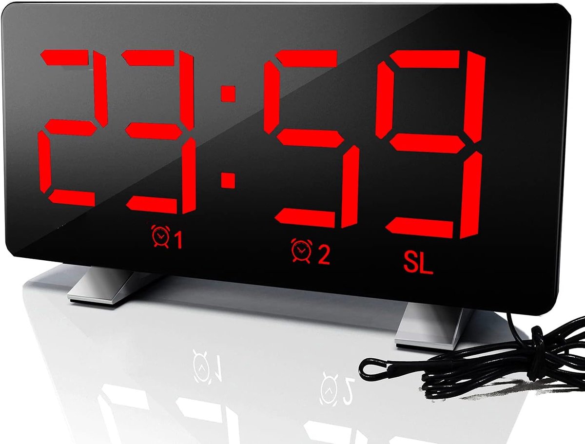 SnelShoppen - Digitale Radio Wekkerradio met USB Oplader, 7.3 Inch LED Curved Scherm, Dimmer, 2 Alarm Instellingen voor Slaapkamer, Rood