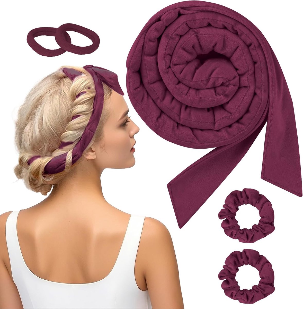 SnelShoppen - 5 Stuks Heat Free Curls Velvet Krulbanden - Nacht DIY Haarrollers - Geen Hitte - Ideaal voor Lang Haar - Rood-Wijn