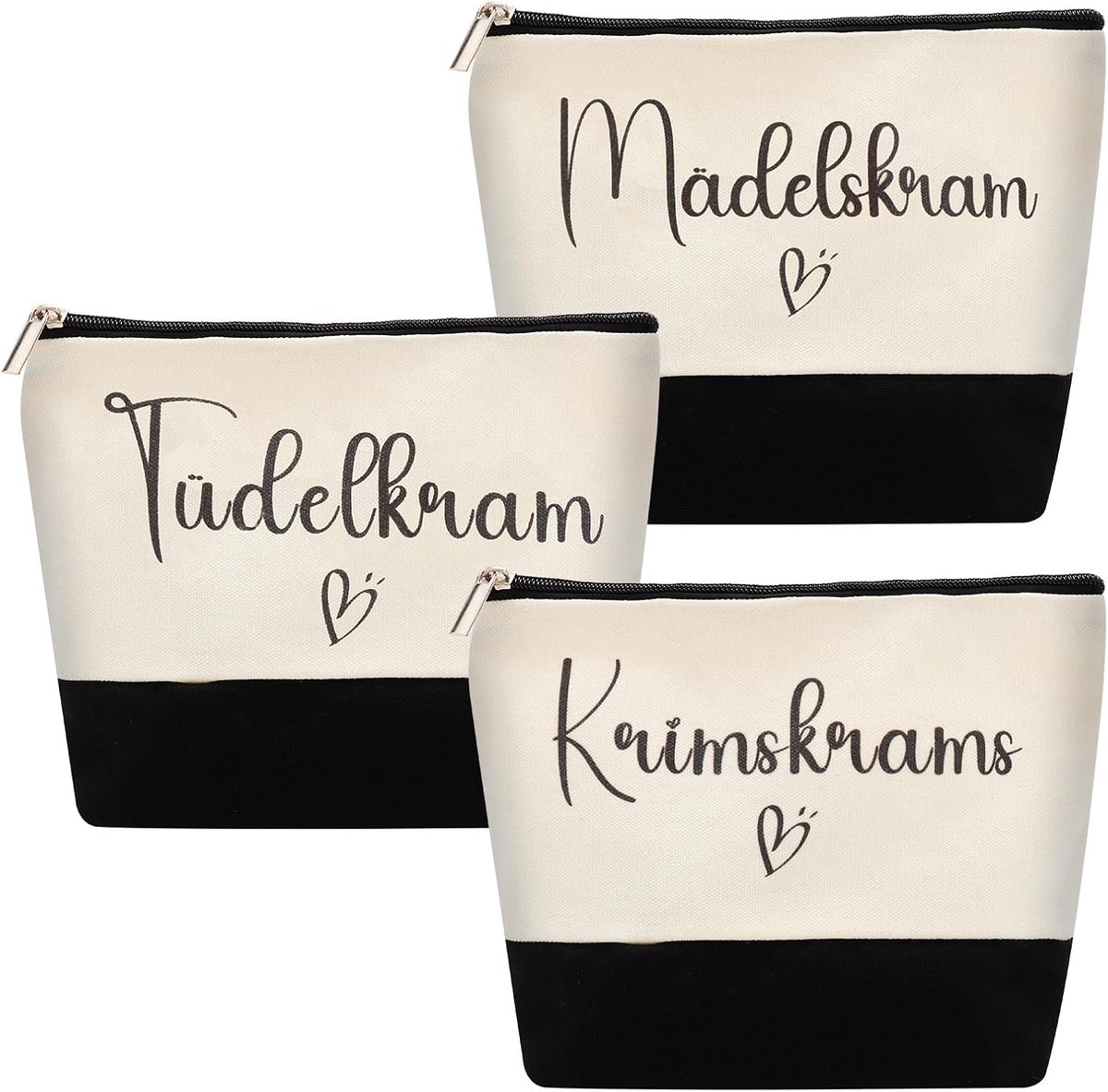 SnelShoppen - 3-Piece Make-up Tassen Set, Canvas Toilettas, Cosmetica Bagage met Rits voor Vrouwen, Reizen Organiser 23x15x5cm, Crème-Zwart