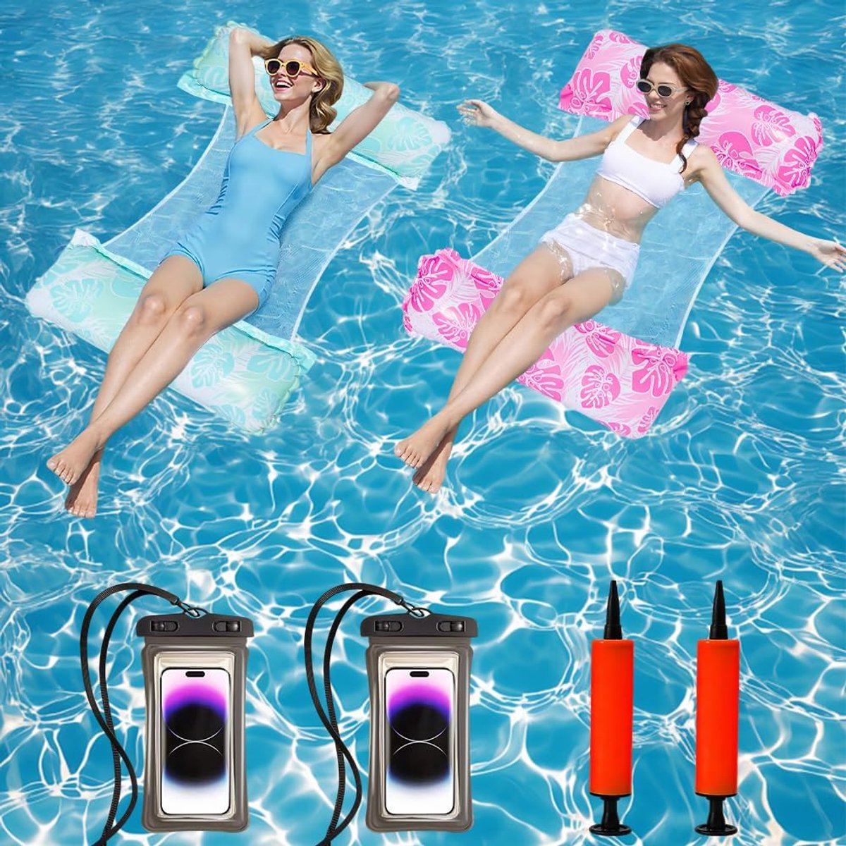 SnelShoppen - 2-delige Air Mattress, 4-in-1 Water Hammock voor Volwassenen en Kinderen, Inclusief 2 Luchtpompen en Waterdichte Telefoontas voor Zwemba