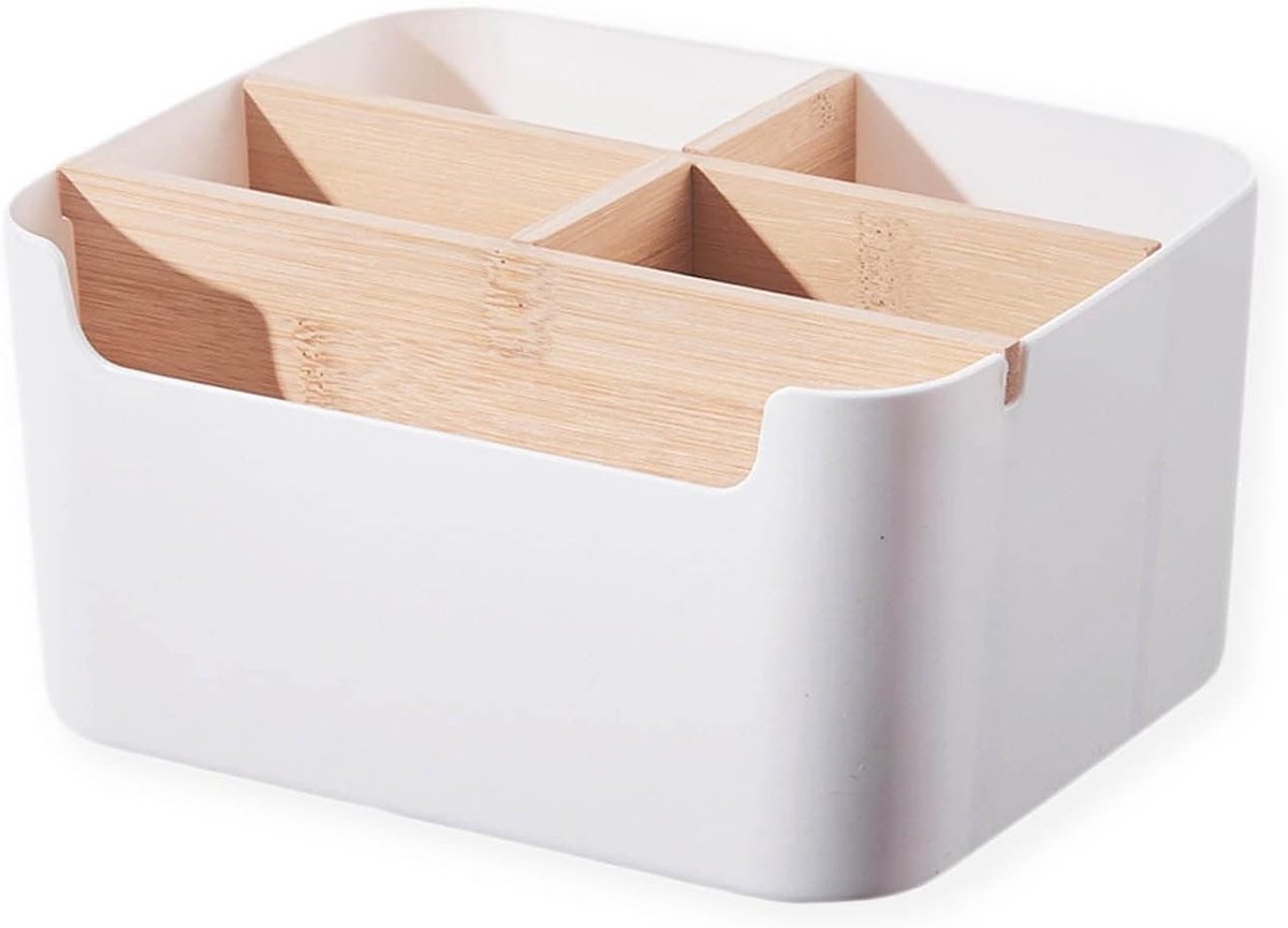 SnelShoppen - Desk Organiser met 5 Compartimenten - Houten Bureau Organizer met Penhouder - Ruimtebesparend voor Kantoor, Slaapkamer, Woonkamer - Wit