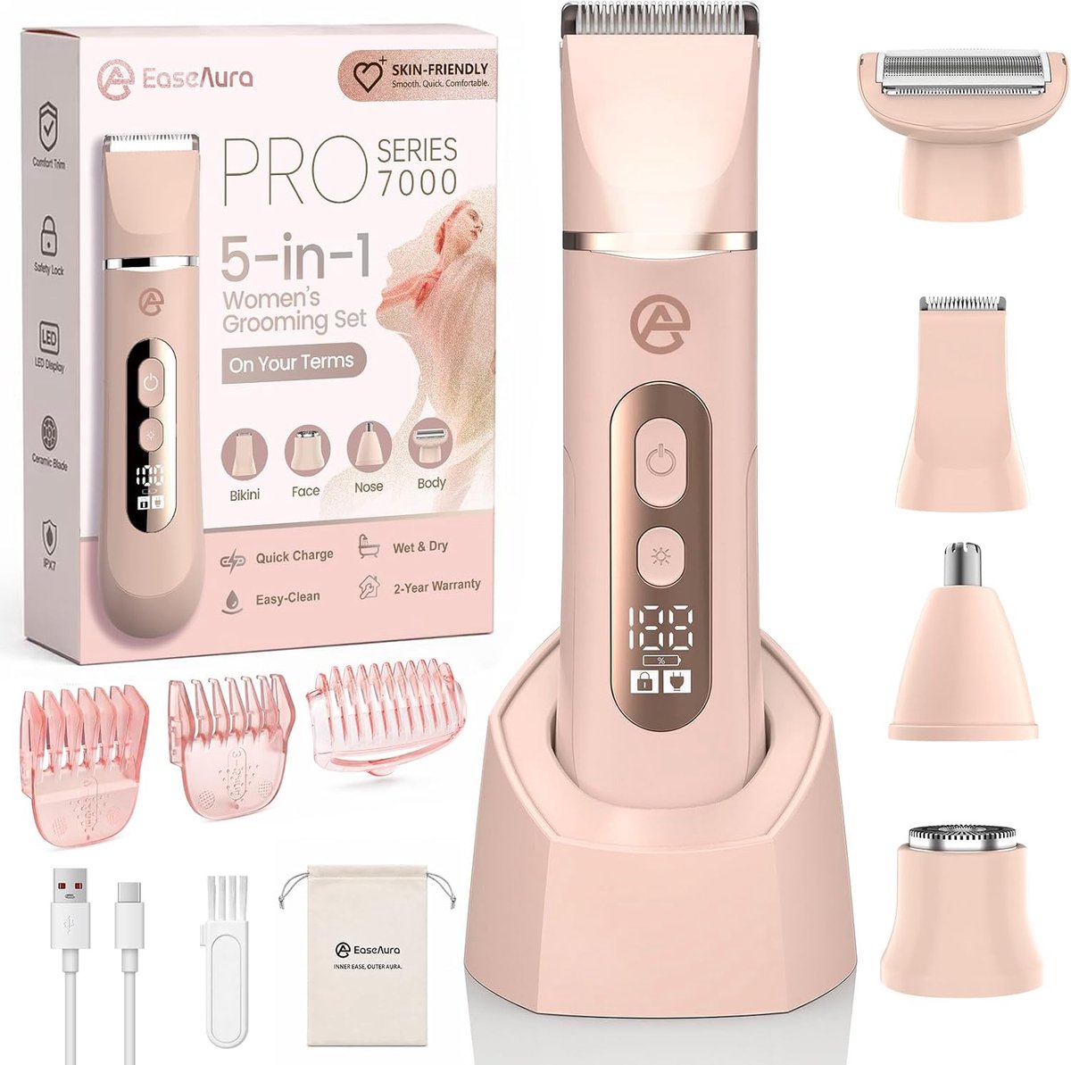 SnelShoppen - 5-in-1 Scheerapparaat voor Vrouwen met Bikin Trimmer, Elektrisch Scheermes, LED-display, Draadloos en Waterdicht, Ideaal voor Thuisgebru