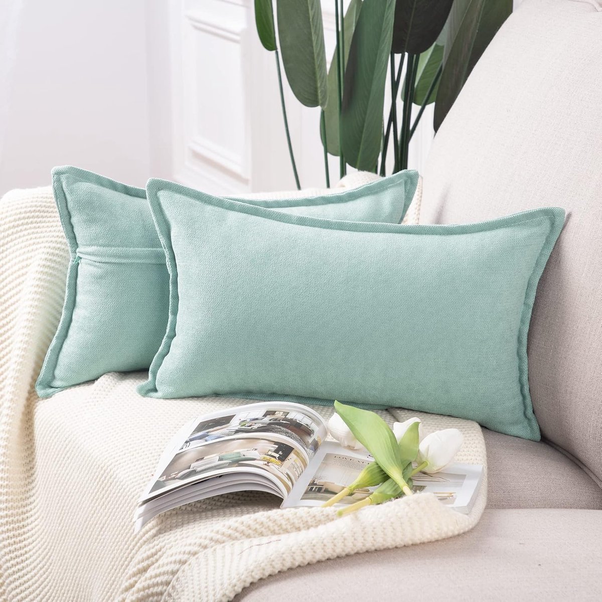 SnelShoppen - Set van 2 Korte Chenille Kussenhoezen 40x60cm Licht Teal - Zachte Decoratieve Kussens voor Bank en Slaapkamer - Duurzaam en Stijlvol