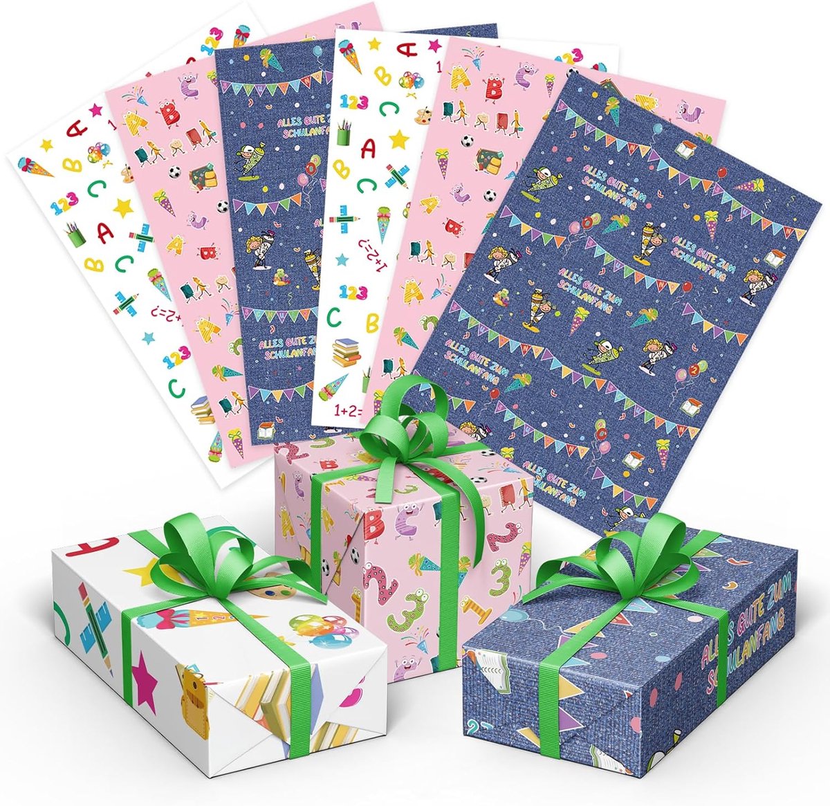 SnelShoppen - Pack van 6 Cadeaupapier voor Kinderen - Eerste Schooldag Verpakking - 50x70 cm - 3 Kleuren met Schattige Patronen voor Jongens en Meisje