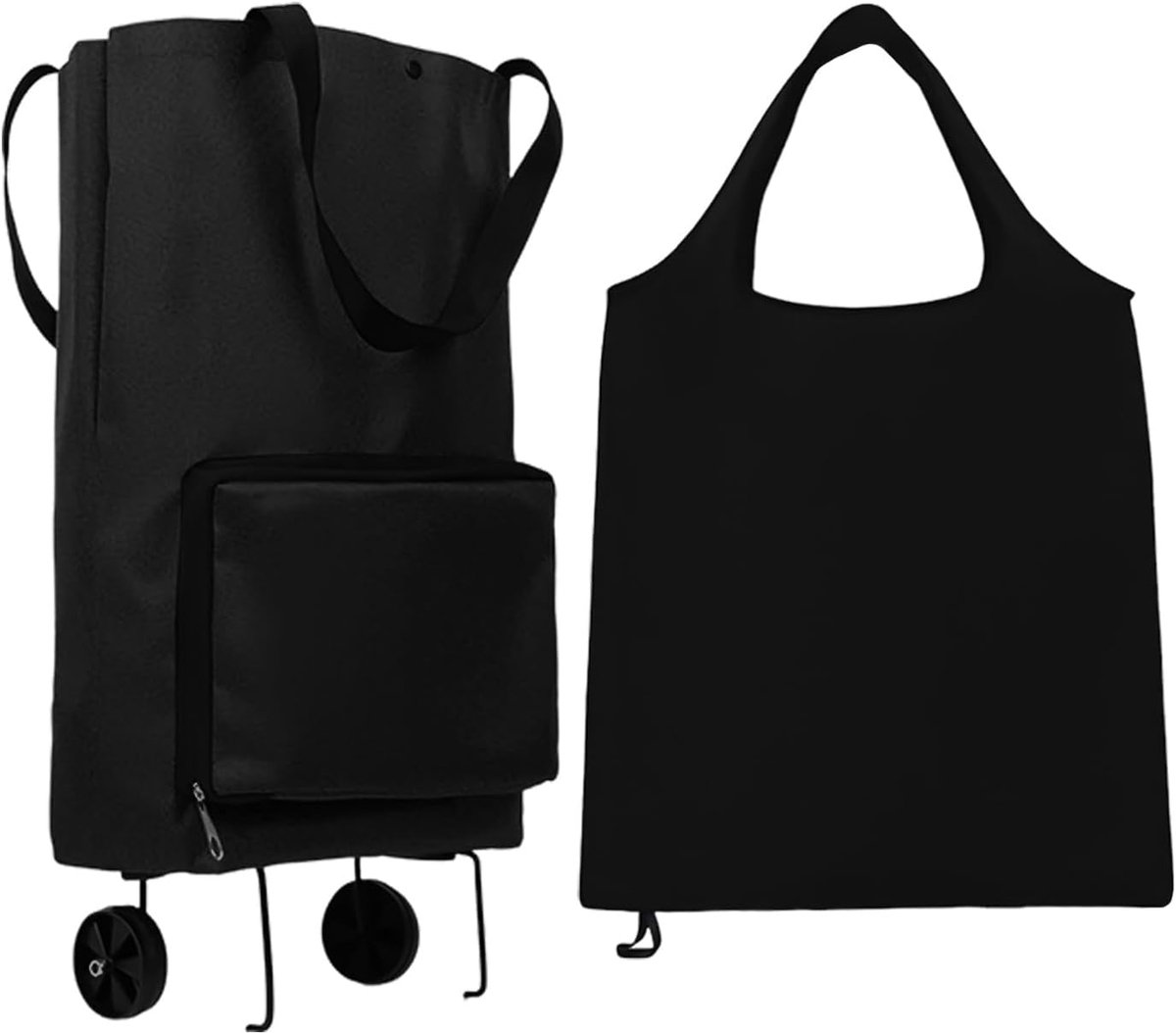 SnelShoppen - 1 Wheeled Shopping Bag en 1 Schoudertas - Waterdichte Herbruikbare Winkeltas - Vouwbare Tas - Zwart - Perfect voor Boodschappen, Dagelij