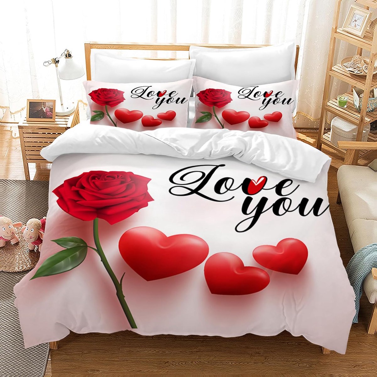 SnelShoppen - Bedding Set 3D Rood Roze Dekbedovertrek Set met Ritssluiting en 2 Kussenslopen, Microfiber Rozen Ontwerp 135 x 200 cm voor Volwassenen e